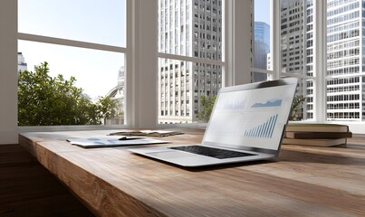 a modern office desk with an open laptop displaying graphs and data, set against the backdrop of buildings outside a large window, symbolizing business analytics in action.