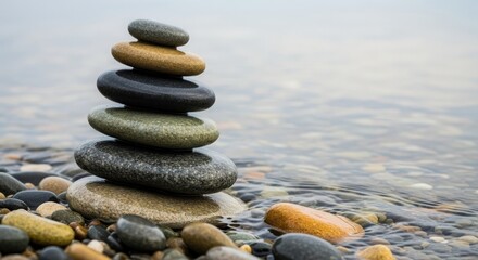 Serene stack of smooth pebbles balancing on a tranquil riverbank, reflecting calm waters and nature