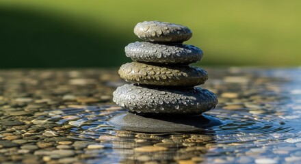 Serene stack of smooth stones balanced atop a reflective surface, surrounded by lush greenery