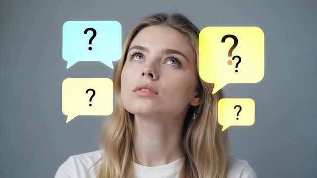 A woman with blonde hair looking up at a screen with a question mark. There are four question marks in total