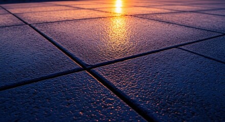 Serene sunset reflecting on wet tiles, creating a tranquil atmosphere in an urban setting