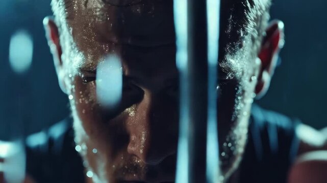 Male boxer with sweat and intensity in his eyes, possibly post-fight or preparing for a match.