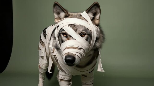 Wolf wrapped in bandages medium shot green background