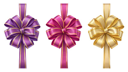 Crumpled Gold ,Pink ,Purple Gift Ribbons PNG Set – Realistic Shiny Ribbons, Isolated Transparent Background