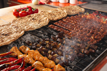Grilled Onion, Tomato, Chicken, Meat Skewers with Lavash Photo