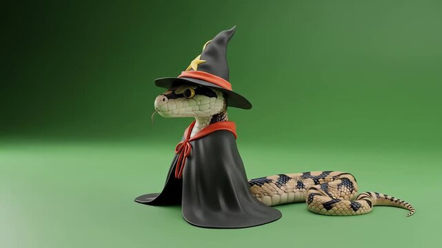 A 3D rendered snake wearing a witch hat and cape