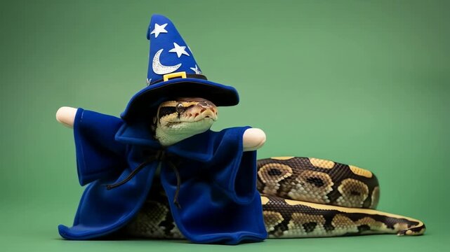 A ball python wears a blue wizard hat and robe