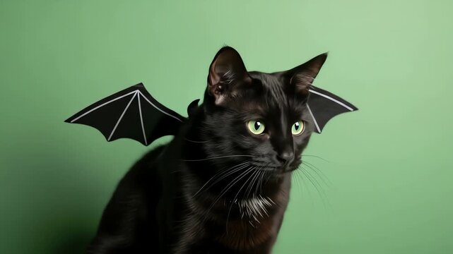 A black cat wears black bat wings against a green background