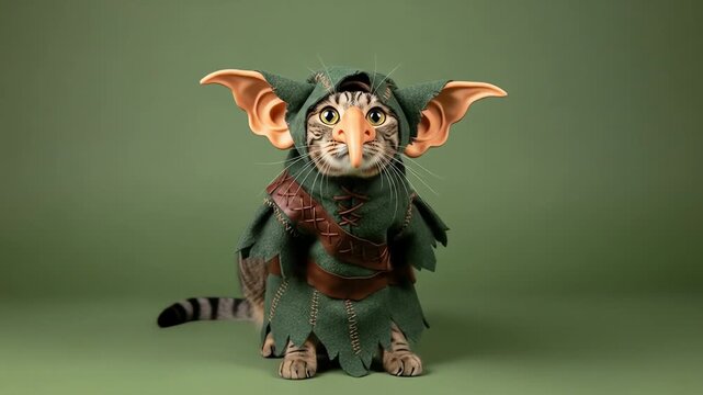 A cat dressed as a goblin with large ears and a pointed nose