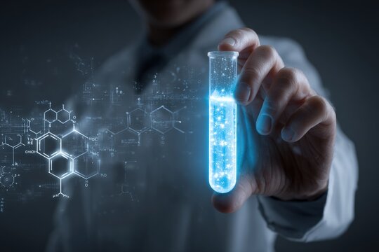 Scientist holding a glowing test tube with chemical formulas overlaying