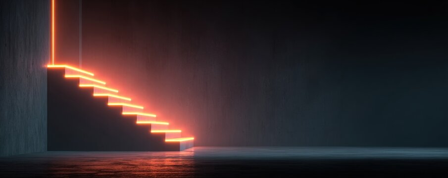 Abstract neon stairs in dark room