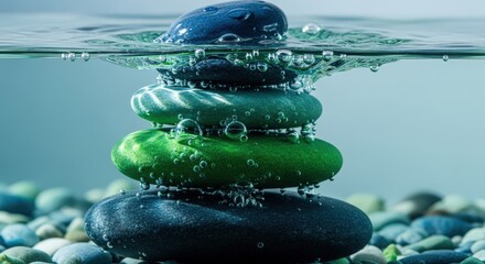 Stacked colorful stones submerged in clear water, creating bubbles and a serene underwater scene