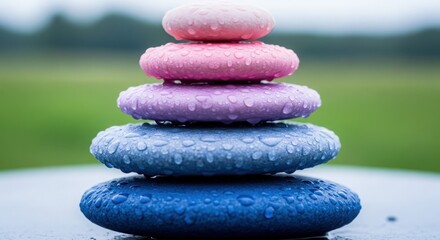 Stacked colorful stones with water droplets on a rainy day in a serene outdoor setting