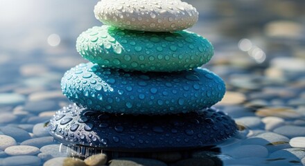 Stacked colorful stones with water droplets on a tranquil surface, creating a serene atmosphere