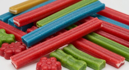 Vibrant colorful chewy candy sticks and gummies playfully arranged. AI Generated