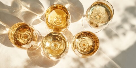 Golden wine glasses on a white surface, bathed in sunlight