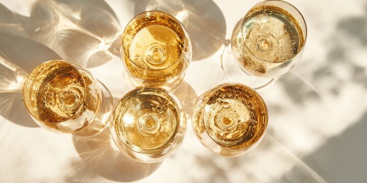Golden wine glasses on a white surface, bathed in sunlight - Powered by Adobe