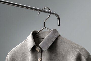 Close-up of a gray shirt on a metal hanger