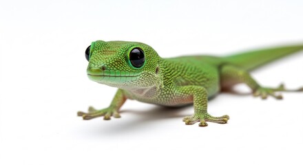 Brightly lit green gecko calmly poses against white background. AI Generated