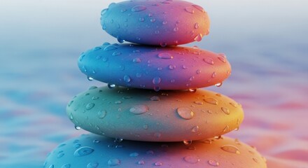 Tranquil stacked stones with water droplets against a soft gradient background, symbolizing balance