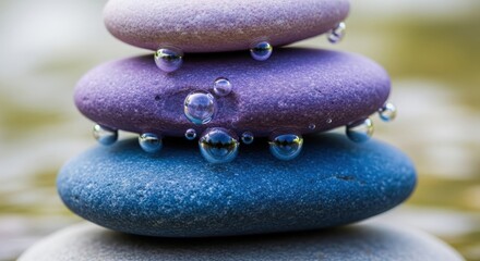 Tranquil stacked stones with water droplets reflecting light, creating a serene atmosphere