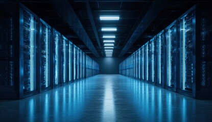 Dark server room lit by blue light