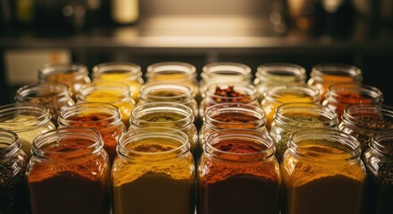 Vibrant assortment of colorful spices artfully arranged in clear glass jars, inviting culinary exploration and gourmet kitchen inspiration.