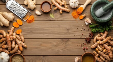 Vibrant arrangement of fresh turmeric, garlic, and spices on wooden table for culinary inspiration