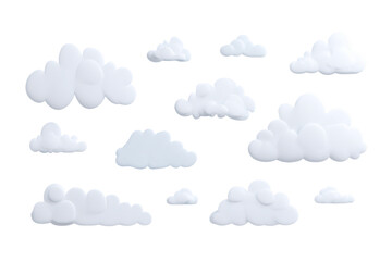 Fototapeta premium Collection of fluffy white cartoon clouds isolated on transparent background. Ideal for design elements, backgrounds, and illustrations, PNG