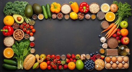 Vibrant assortment of fresh fruits, vegetables, and grains arranged in a decorative frame on a dark background