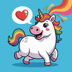 A cheerful unicorn with a rainbow mane happily expresses love through a colorful speech bubble, symbolizing joy, magic, and fantasy in a vibrant artistic style.