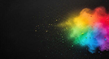 Vibrant explosion of rainbow-colored powder against a black background, creating a dynamic visual impact