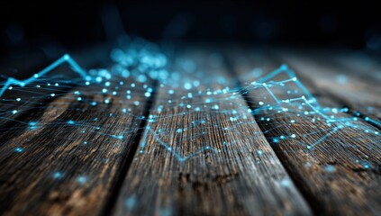 Abstract digital graphic overlay on dark wood planks