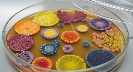Vibrant petri dish culture displaying colorful fungal growths in a laboratory setting