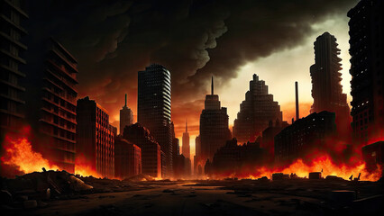 Apocalyptic view of burnt city with empty street concept. A dystopian city scene with destruction and chaos, evoking urgency.