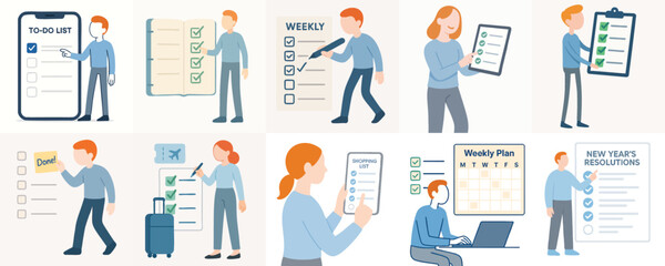 Flat Design People with Checklist and Planning List Activity Illustration