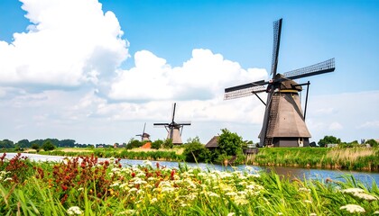 Dutch Windmills by a Canal