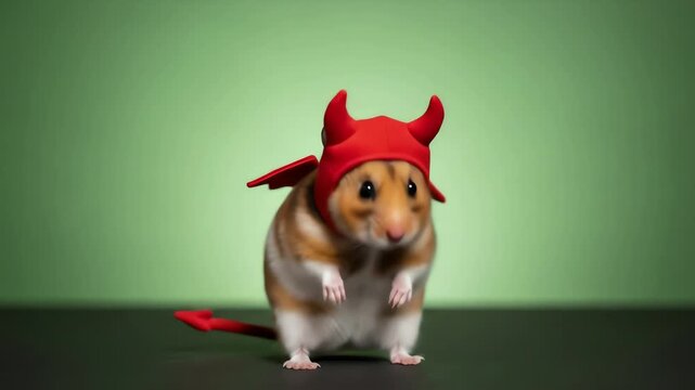 A hamster wears a red devil hat with horns and wings
