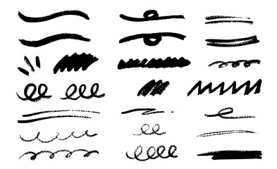 手書きの筆のストロークセット 。　直線、波線、装飾的なボーダー。粗いエッジと凹凸のある質感の手描きの区切り線デザイン要素。グランジスケッチ風の横線。ベクター黒