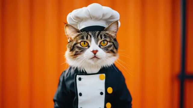 An adorable cat wearing a chef hat, standing in front of a kitchen backdrop.