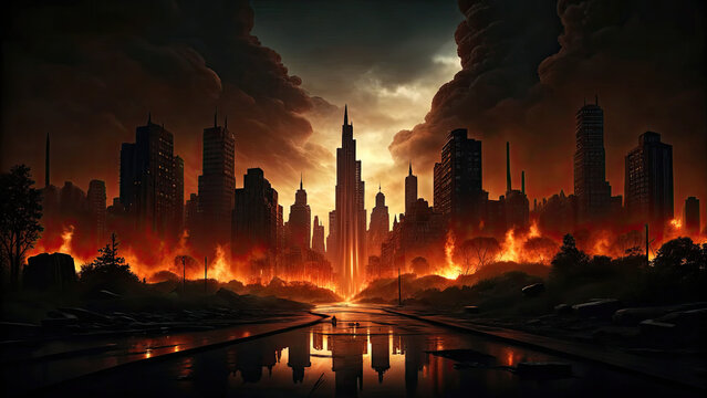 Apocalyptic view of burnt city with empty street concept. Dramatic skyline engulfed in flames and smoke at twilight.