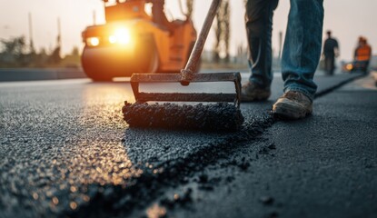 Asphalt paving workers at sunset