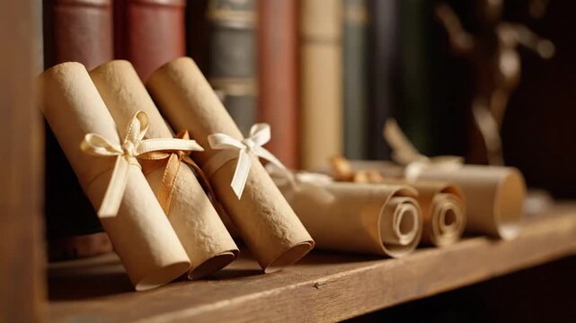 Elegant Old Paper Scrolls Tied with Ribbons on a Rustic Wooden Shelf Backlit with Blurred Books Symbolizing Education Knowledge Wisdom and Historical Achievemen