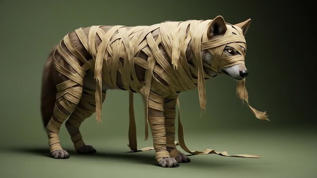 A mummywrapped wolf stands on a green backdrop