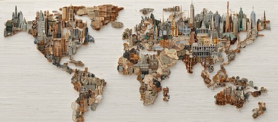 World map collage of cityscapes