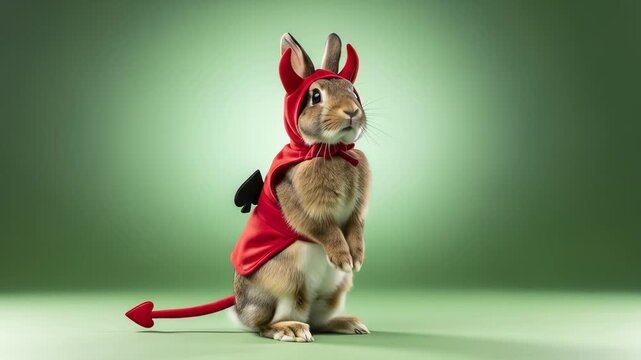 A rabbit dressed in a red devil costume with horns and a tail