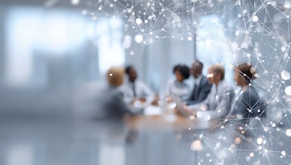 Blurred business meeting overlaid with network graphic
