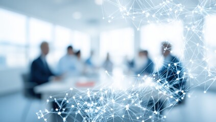 Blurred business meeting overlaid with a network graphic