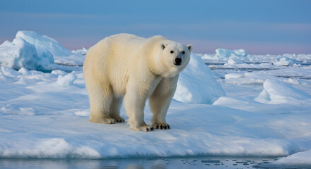 White polar bear standing on a vast ice floe in the Arctic wilderness, looking directly at the camera