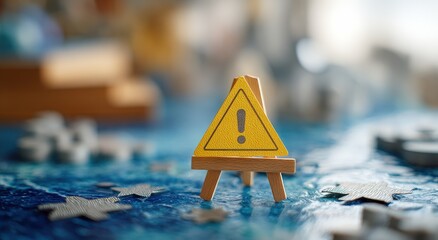 Miniature yellow caution sign on a small wooden easel